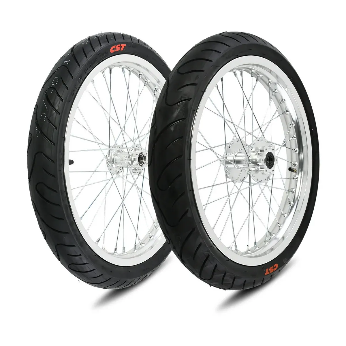 Pair of 17-inch supermoto wheels with chrome rims and hubs